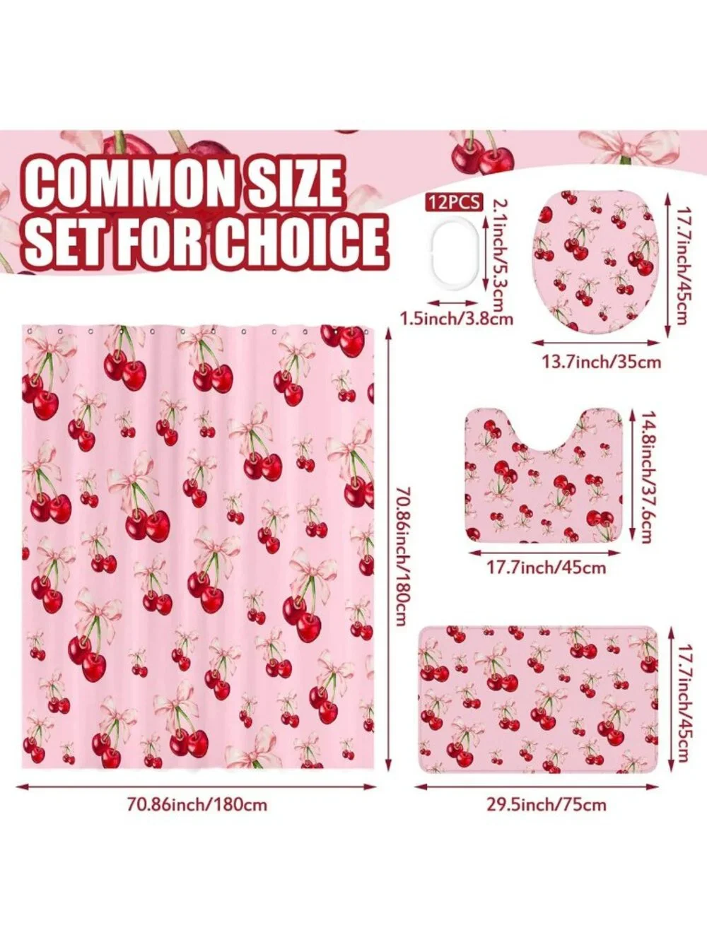 4 Pcs Pink Bow Cherry Shower Curtain Set - Aesthetic Bathroom Decor with Rugs